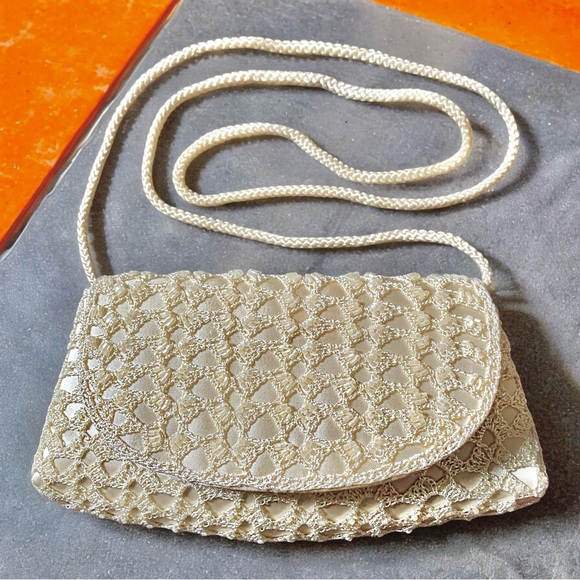 v i n t a g e :: Crochet Beaded Satin Shoulder Purse Crossbody - Picture 1 of 13